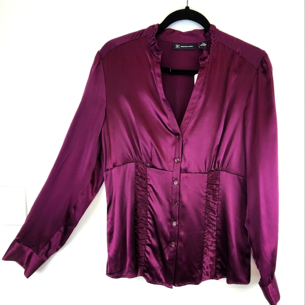 Silk long sleeves blouse ruffle upper neck ruge on front sz14 by I.N.C.